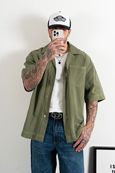 black sample %100 Pamuk Ters Dikiş Oversize Yeşil Erkek Gömlek