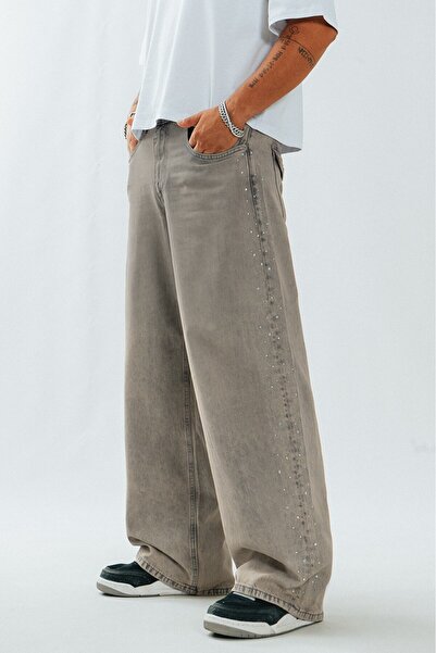 GRJ denim بنطلون جينز رجالي واسع الساق مطبوع عليه حجرًا كبير الحجم