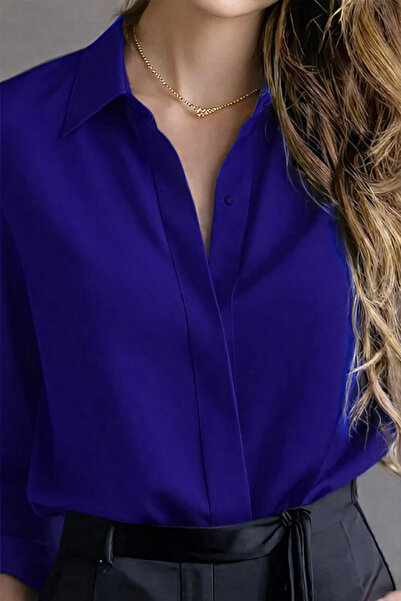 TRENDBUTİKOFFİCİAL Dubai Krep Kumaş Gömlek - Saks Mavisi