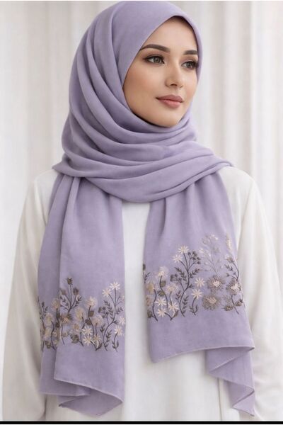 Veil Designer A mauve hijab with embroidery on both sides and rose branches, ...
