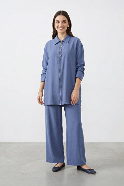 Puane Women's Shirt Collar Zippered Tunic Trouser Set – 14446Tks - Indigo