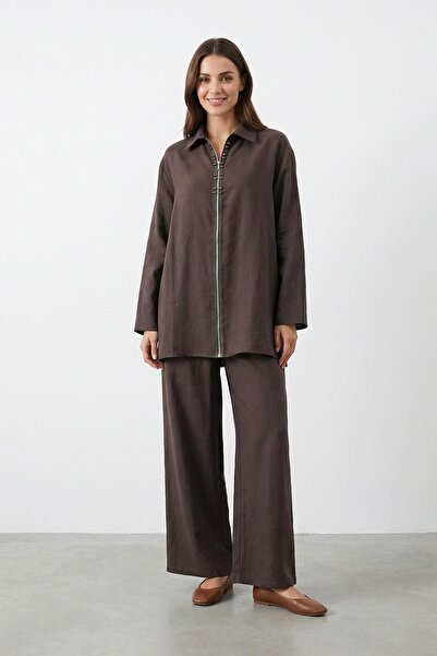 Puane طقم نسائي مكون من قميص بياقة وسروال بسحاب - 14446TKS - بني