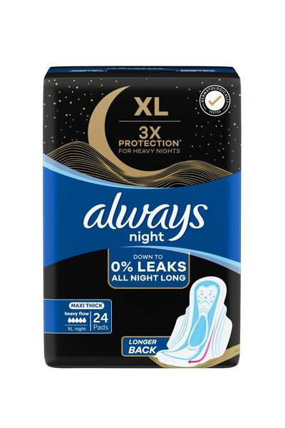 Always XL Night Pads, 3x Protection for Heavy Nights, Maxi Thick, 24 Pads
