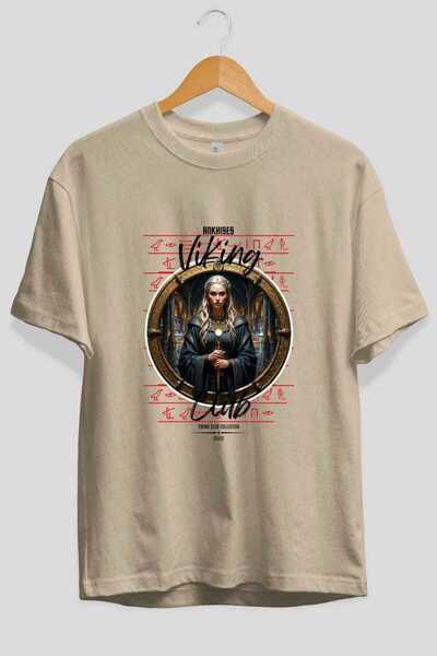 Ankhises Tricou Viking Mythology 5 cu imprimeu frontal, bej, supradimensionat...