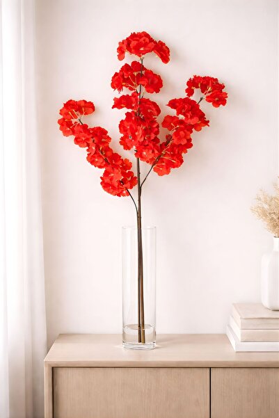 BUSERİSE 1 Adet Yapay Bahar Dalı Japon Kiraz Çiçeği – Kırmızı 3 Dallı Çiçek, ...