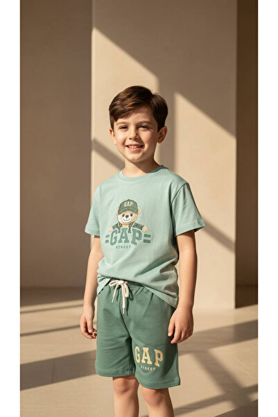 NOBLEKIDS Bear Printed Summer Unisex Shorts Set – Green, 100% Cotton, Ages 3–10