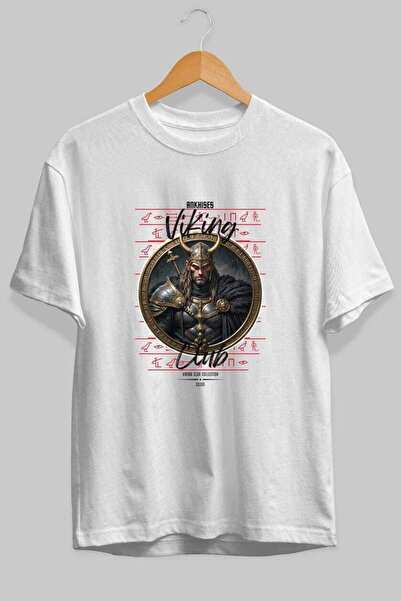 Ankhises Tricou Viking Mythology 21 cu imprimeu frontal, alb, supradimensiona...