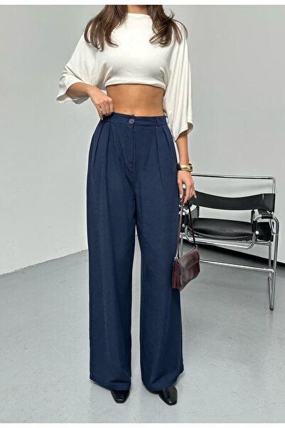 QUASAR Fashion New Season Linen Fabric Double Pleated High Waist Wide-Let Pal...