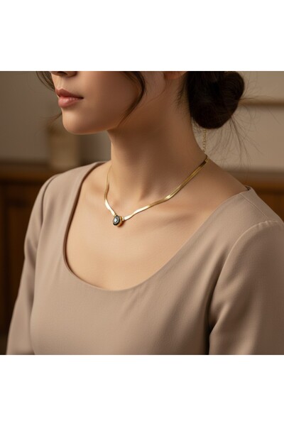 Multi JEWEL Çelik Italyan Yassı Zirkon Tek Taşlı Zincir Kolye