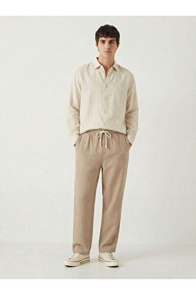 TKT Men's Beige Linen Muslin Trousers Comfortable Fit Baggy Lightweight Fabri...