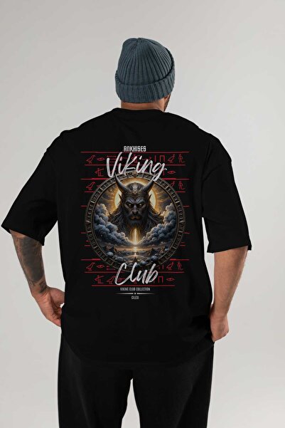 Ankhises Tricou Viking Mythology 9 cu imprimeu pe spate, negru, supradimensio...