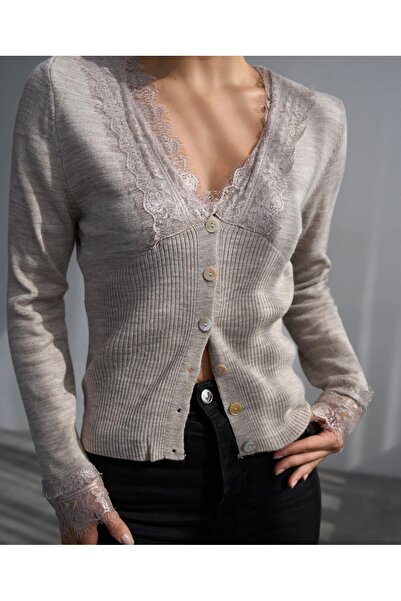 CADDELAMODA Women's V-Neck Lace Detailed Premium Transparent Cardigan