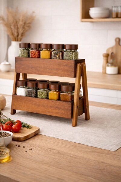 Janset Akasya 2 katlı baharatlık, baharat standı, 15 adet baharatlık ve 21 ad...