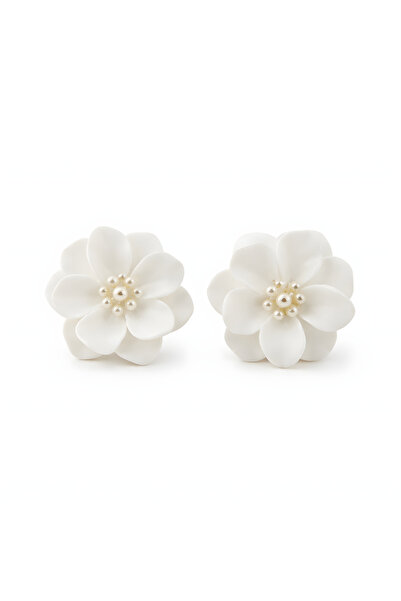 BUNILU White Rose Earrings with Pearls, Elegant Boho Style