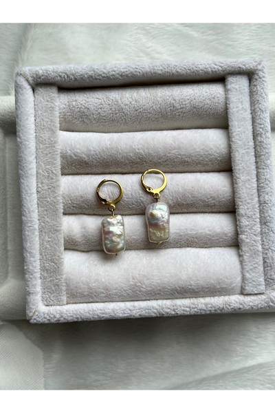 Pel Design Real Rectangular Pearl Gold Color Steel Hoop Earrings Handmade