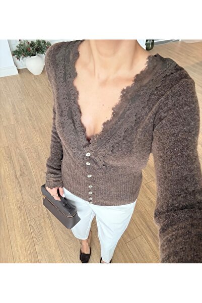 CADDELAMODA Women's V-Neck Lace Detailed Premium Transparent Cardigan