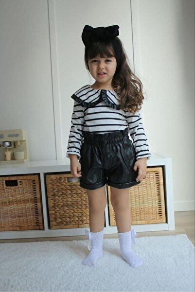 Joui Co Girl's Leather Shorts & Striped Blouse 2-Piece Set Stylish Trend Comb...