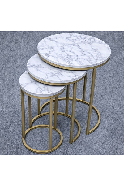 Riyes Tasarım Dünya Model 3’lü Zigon Sehpa Seti –Eskitme Gold Metal Ayaklı – ...