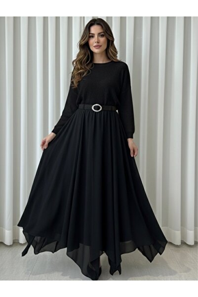 Fibula Şifon astarlı uzun asimetrik etek