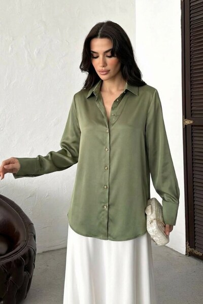Potenza Women Shirt Satin Stylish Gold Button Long Sleeve Off Shoulder Shirt