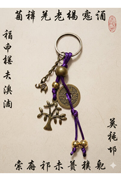 PİRAMİGO Spiritual Chinese Coin Keychain Feng Shui Tree of Life Purple String...