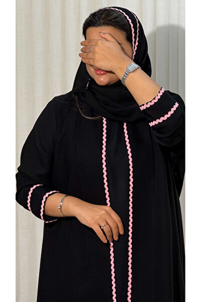 Ms Royal black summer abaya with a half-circle cut and pink trim on the front...