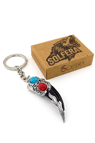 Solfera Wolf Tooth Shaped Red Blue Ornate Embossed Nordic Metal Keychain Blac...