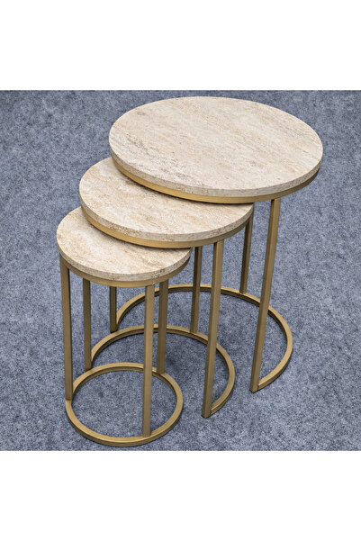 Riyes Tasarım Dünya Model 3’lü Zigon Sehpa Seti –Eskitme Gold Metal Ayaklı – ...