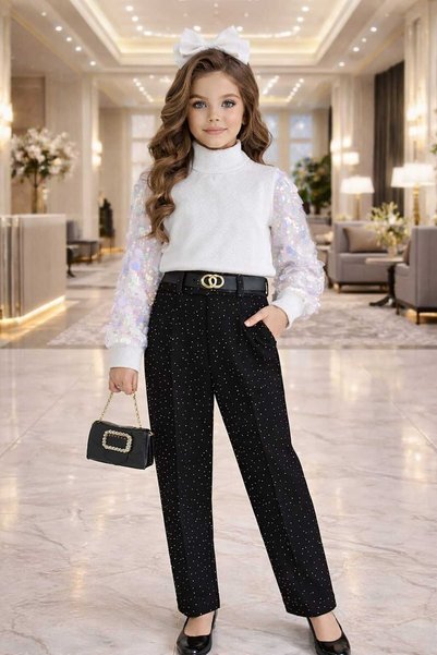 UZUN BUTİK Kids Children's Festive Pants with Sequin Details, Fur and Stones, Belt and Bag