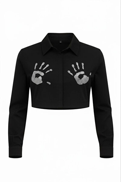 Miss Poem Women's Black Stone Embroidered Crop Shirt