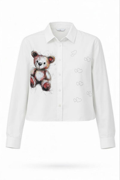 Miss Poem Women's White Teddy Bear Printed Long Sleeve Shirt with Stone Detail