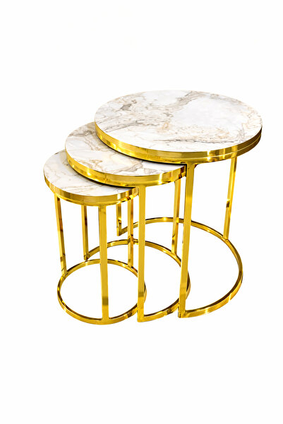 Riyes Tasarım Dünya Model 3’lü Zigon Sehpa Seti –GOLD Metal Ayaklı – Modern T...