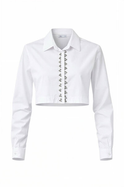 Miss Poem Women's White Stone Detailed Crop Shirt