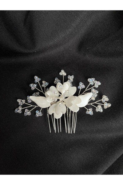 ERYA aksesuar Epoksi Çiçekli Kristal Taşlı Gelin Saç Tarağı Nikah Aksesuarı