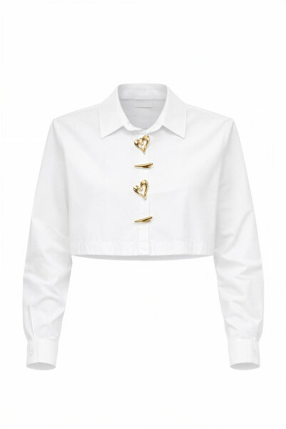 Miss Poem Women's White Button Detailed Crop Shirt