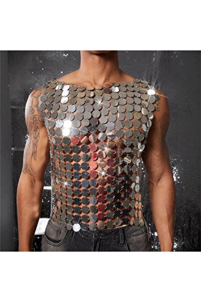 Veille Erkek Parlak Pul Detaylı Transparan Parti Bluz,Festival Stil Erkek Pul...
