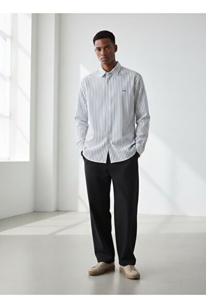 Ltb Long Sleeve Striped Sign Printed White Shirt