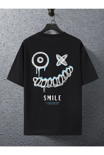 Mythologie تي شيرت برسومات Smile - أسود، مطبوع، رقبة دائرية، مطبوع، كم قصير، صديق، فضفاض
