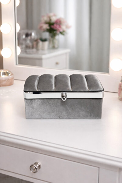 EL-MAR HOME Gümüş Kadife Takı Kutusu – Saten İç Kaplamalı Kapaklı şık Çeyiz S...