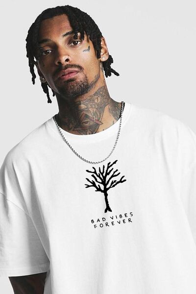 Mythologie Forever Tree T-Shirt - White Printed Oversize Crew Neck Short Slee...