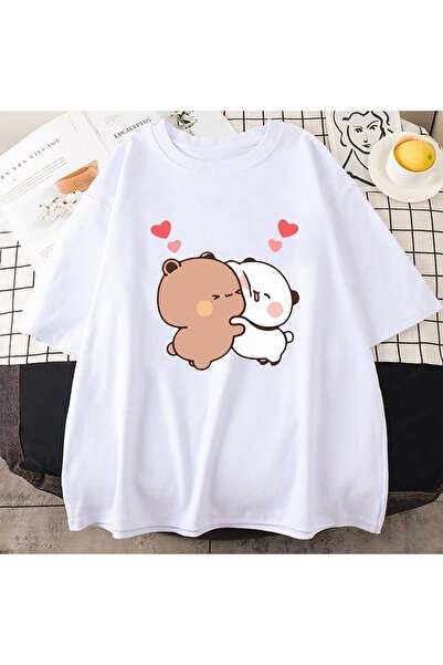 Mythologie Hugging Cat Figures T-Shirt - White Printed Oversize Crew Neck Sho...