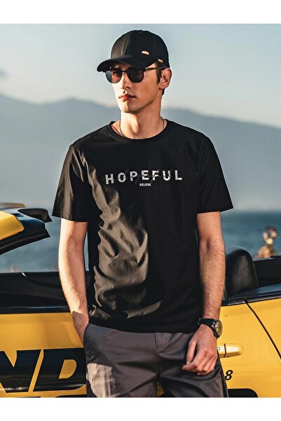 Mythologie تي شيرت Hopeful Believe - أسود، مطبوع، رقبة دائرية، مطبوع، كم قصير...