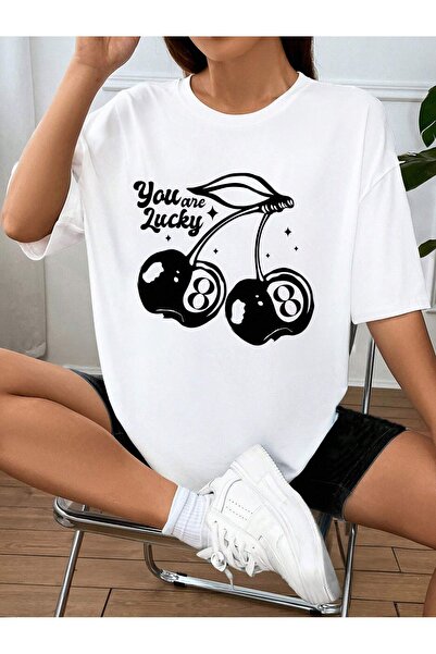 Mythologie Cherry 8 Lucky T-Shirt - White Printed Oversize Crew Neck Short Sl...