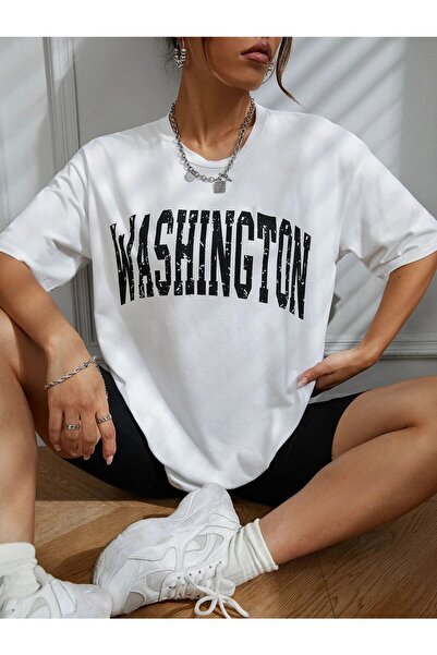 Mythologie Λευκό Washington, Με στάμπα, Λαιμόκοψη ποδηλάτου, Oversize, Κοντό ...