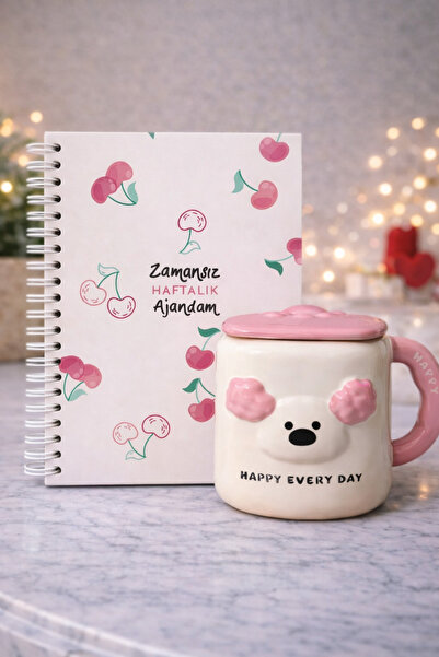 matheon Pembe Köpek Figürlü 400 ml Kupa & Kiraz Desenli Zamansız Haftalık Aja...