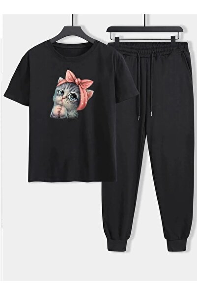 Mythologie Cat Sweatpants T-shirt - Black Jogger T-Shirt Bottom Top Tracksuit...