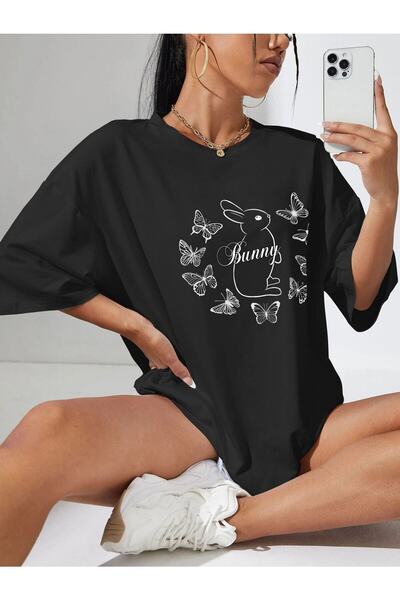 Mythologie Bunny -black, Printed, Crew Neck, Oversize, Short Sleeve, Boyfrien...