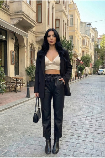 Vovikon Black Premium Leather Trousers with Elastic Waist