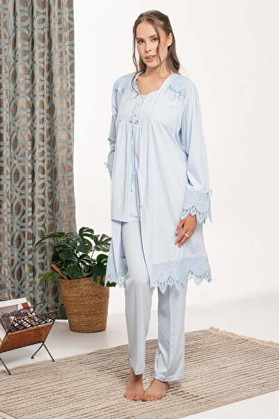 SS HOME CONCEPT Bone 6109 Lace Detailed Maternity Pajama Set with Dressing Gown