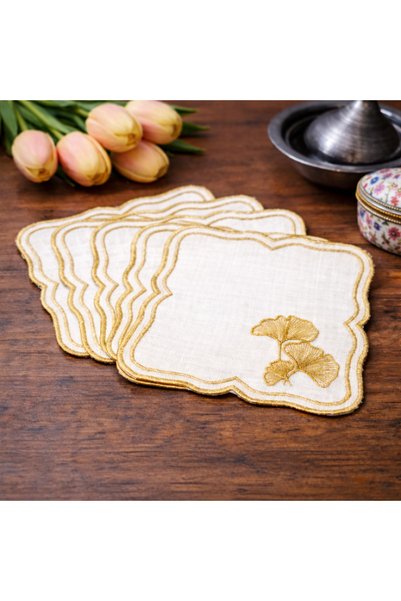 NESTURE Gold Floral Embroidered Coffee Napkin & Cocktail Presentation Napkin – 6 Pieces with Floral Pattern Embroidery